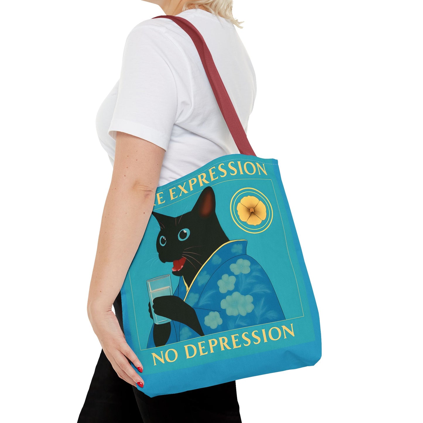 Motivational Chinoiserie Black Cat Tote Bag - More Expression No Depression