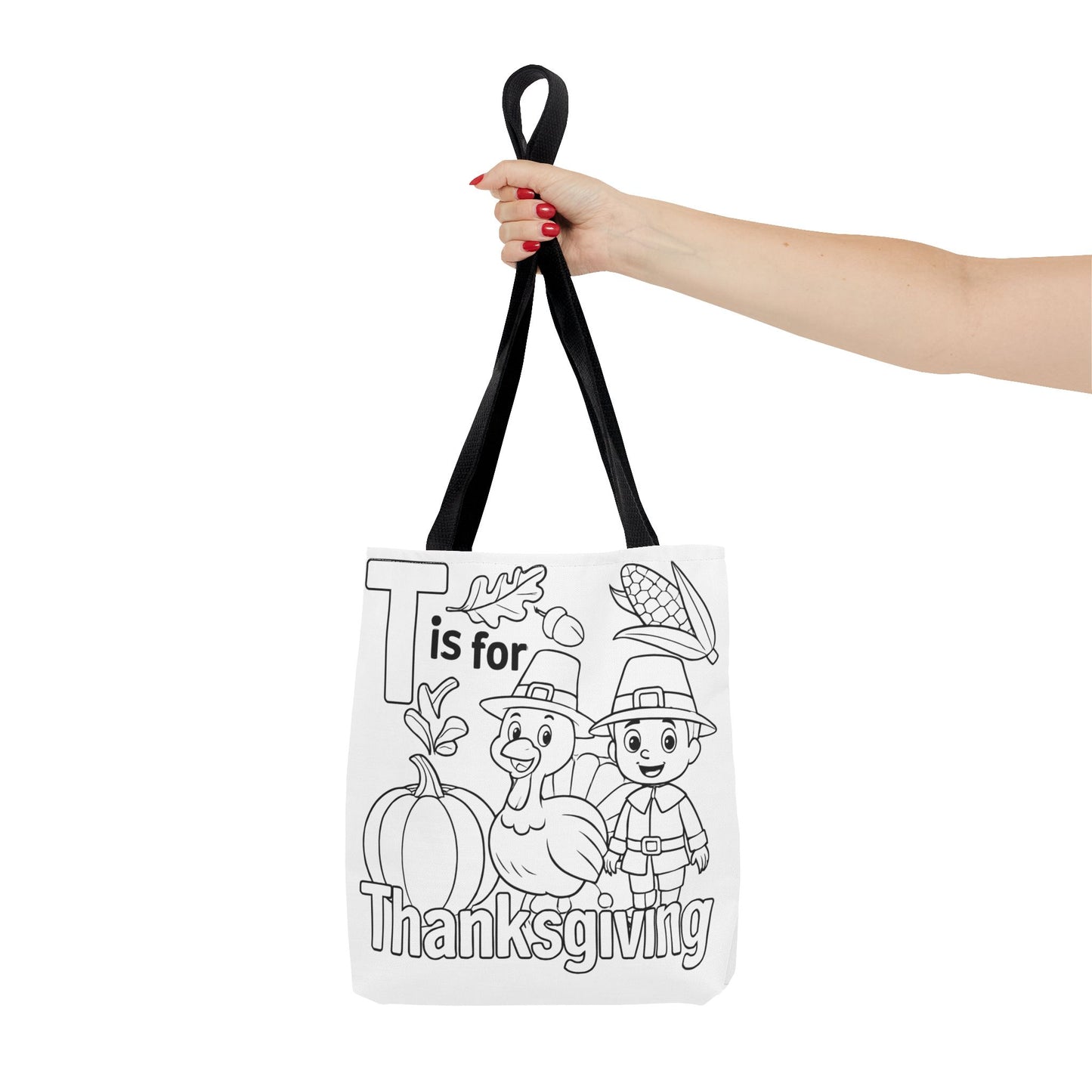 T is for Thanksgiving Coloring Page Tote Bag - Colorful Pilgrims and Turkey Design, AOP, Ideal for Holiday Gatherings, Gifts, and Crafts