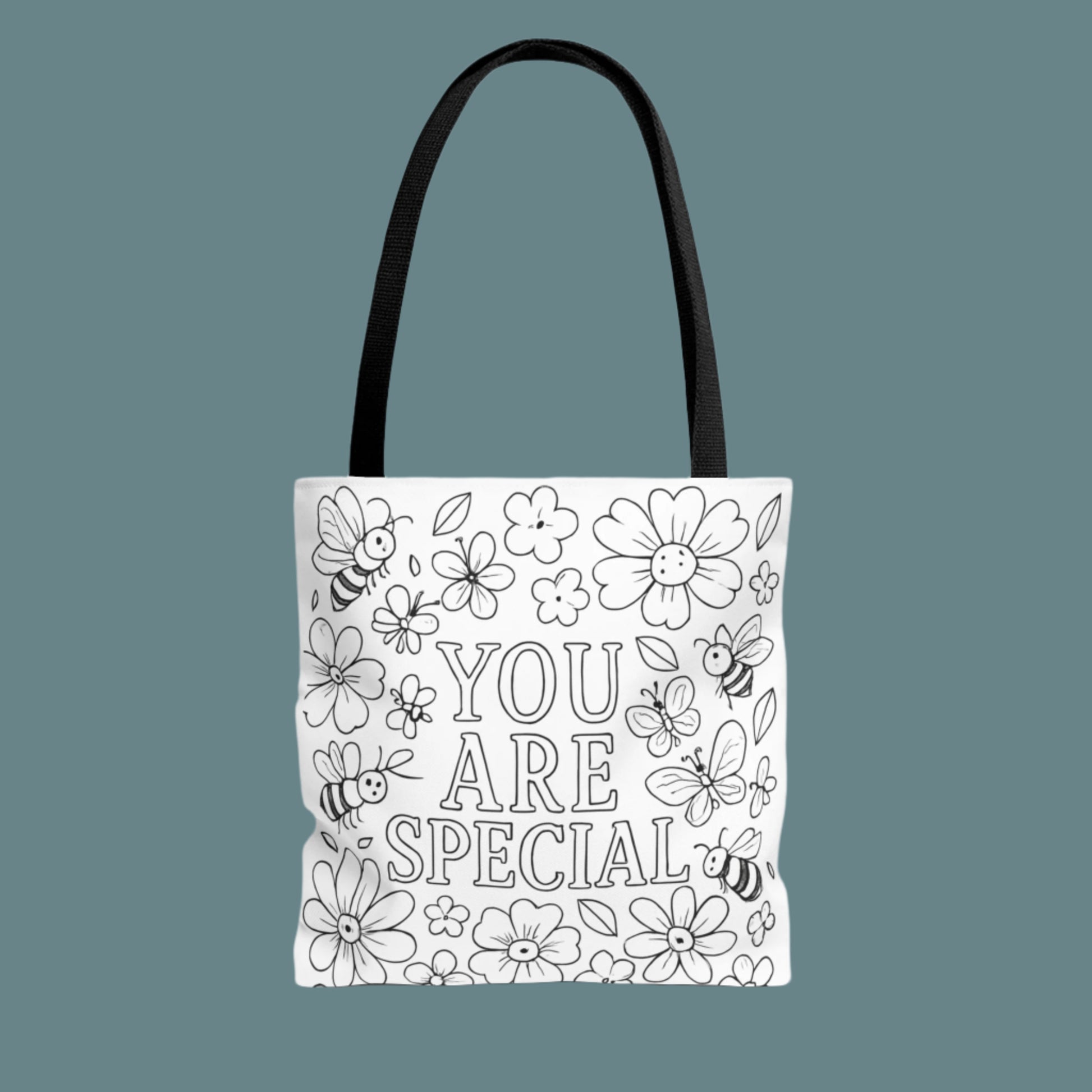 Coloring Page Tote bag with floral and bee design and 'You are special' text 