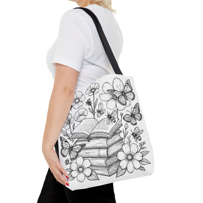 Coloring Page  Book Lover Tote Bag, Floral Butterfly Tote, Gift for Readers, Library Bag, Eco-Friendly Shopping Tote