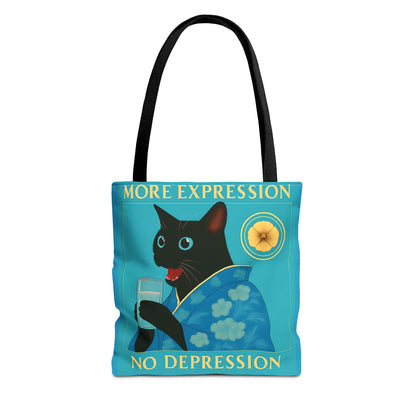 Motivational Chinoiserie Black Cat Tote Bag - More Expression No Depression