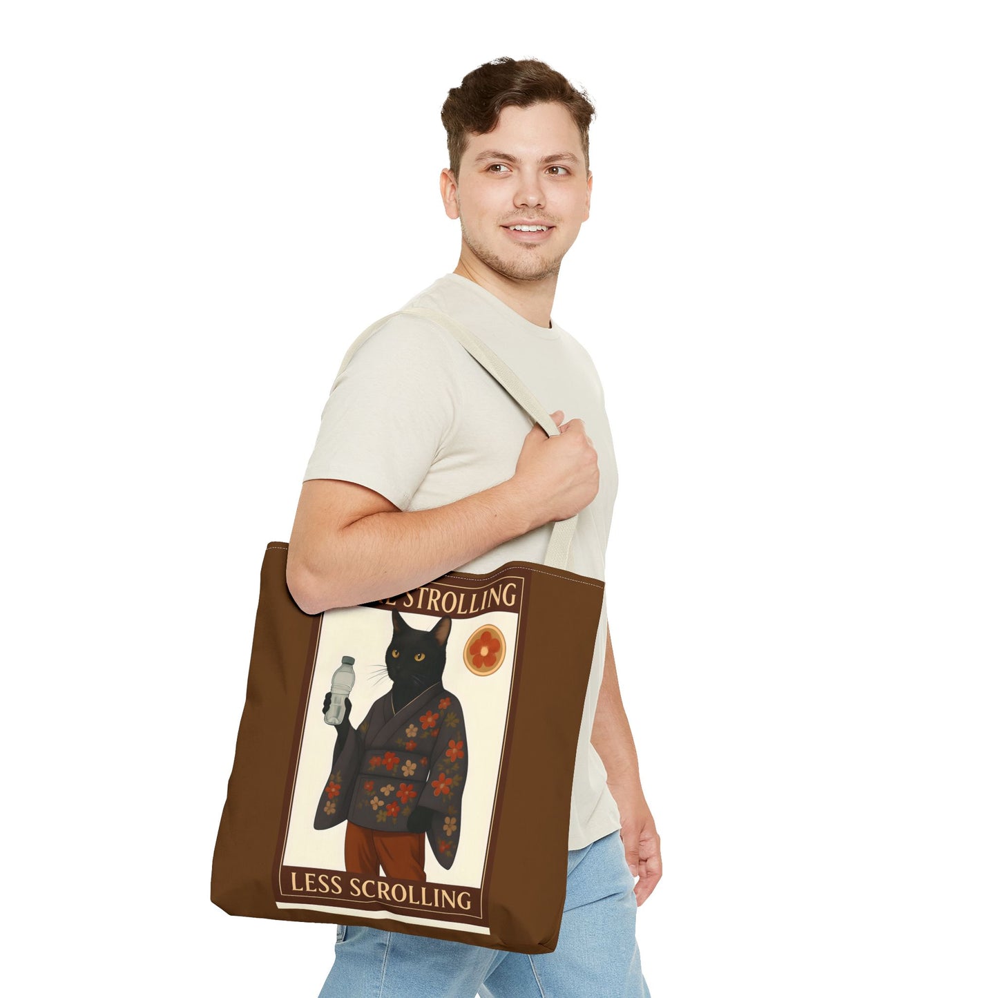 More Strolling Less Scrolling Cat Tote Bag – Cute Black Cat Design for Cat Lovers