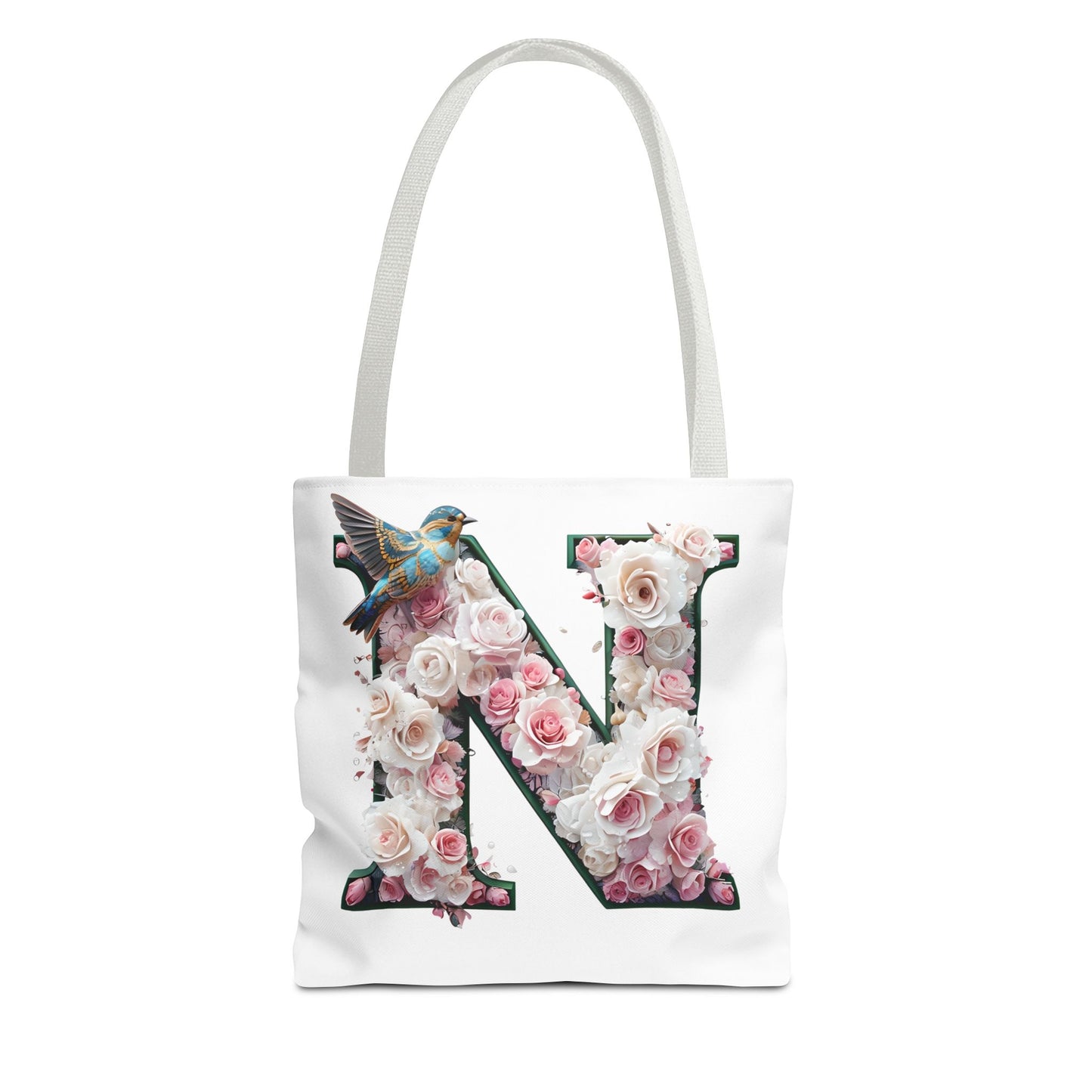 Floral Alphabet 'N' Tote Bag - Chic Shopper Accessory with Flower and Bird Design