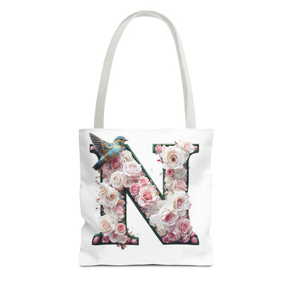 Floral Alphabet 'N' Tote Bag - Chic Shopper Accessory with Flower and Bird Design