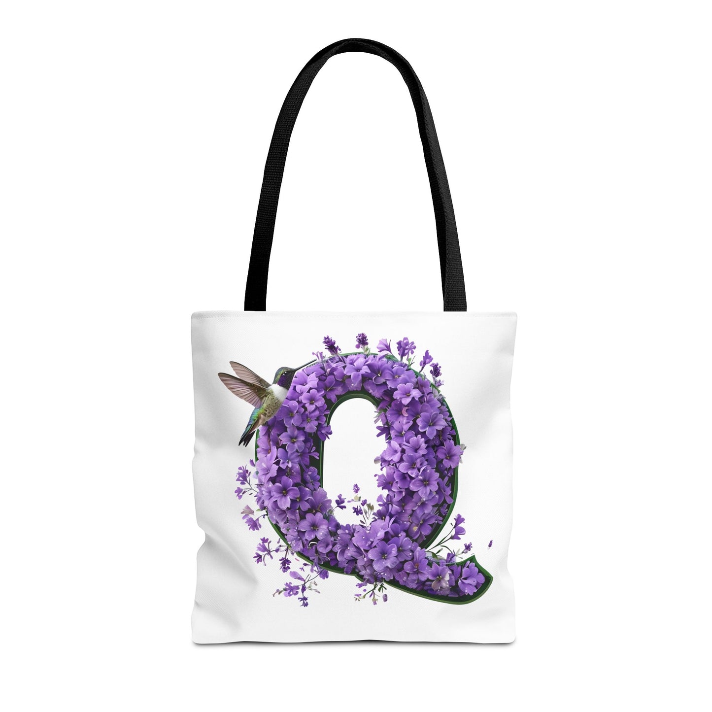 Floral Alphabet 'Q' Tote Bag - Hummingbird and Purple Flower Nature-Inspired Design