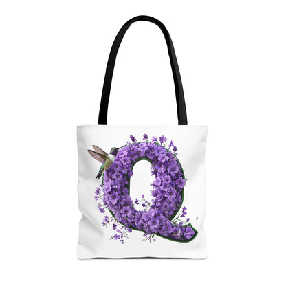 Floral Alphabet 'Q' Tote Bag - Hummingbird and Purple Flower Nature-Inspired Design