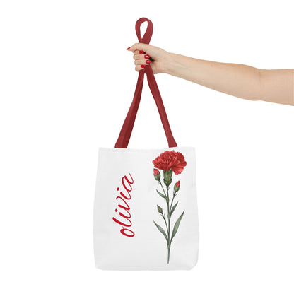 Personalized January Carnation Birth Month Flower Tote Bag, Custom Name Tote, Eco-Friendly Grocery Shopping Bag, Gift for Her
