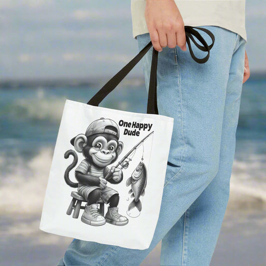 happy fishing monkey tote bag