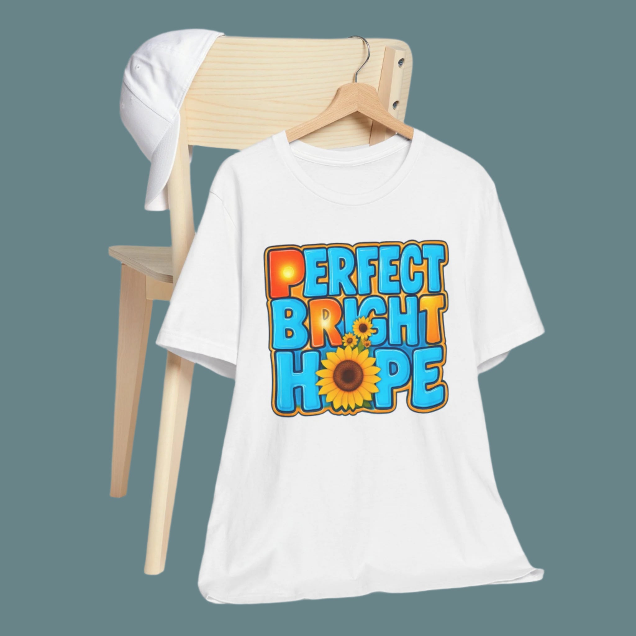 White t-shirt with 'Perfect Bright Hope' text and sunflower graphic 