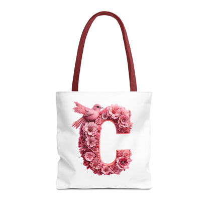 Floral Alphabet C' Tote Bag - Pink Bird Floral Design for Shopping, Work and Beach