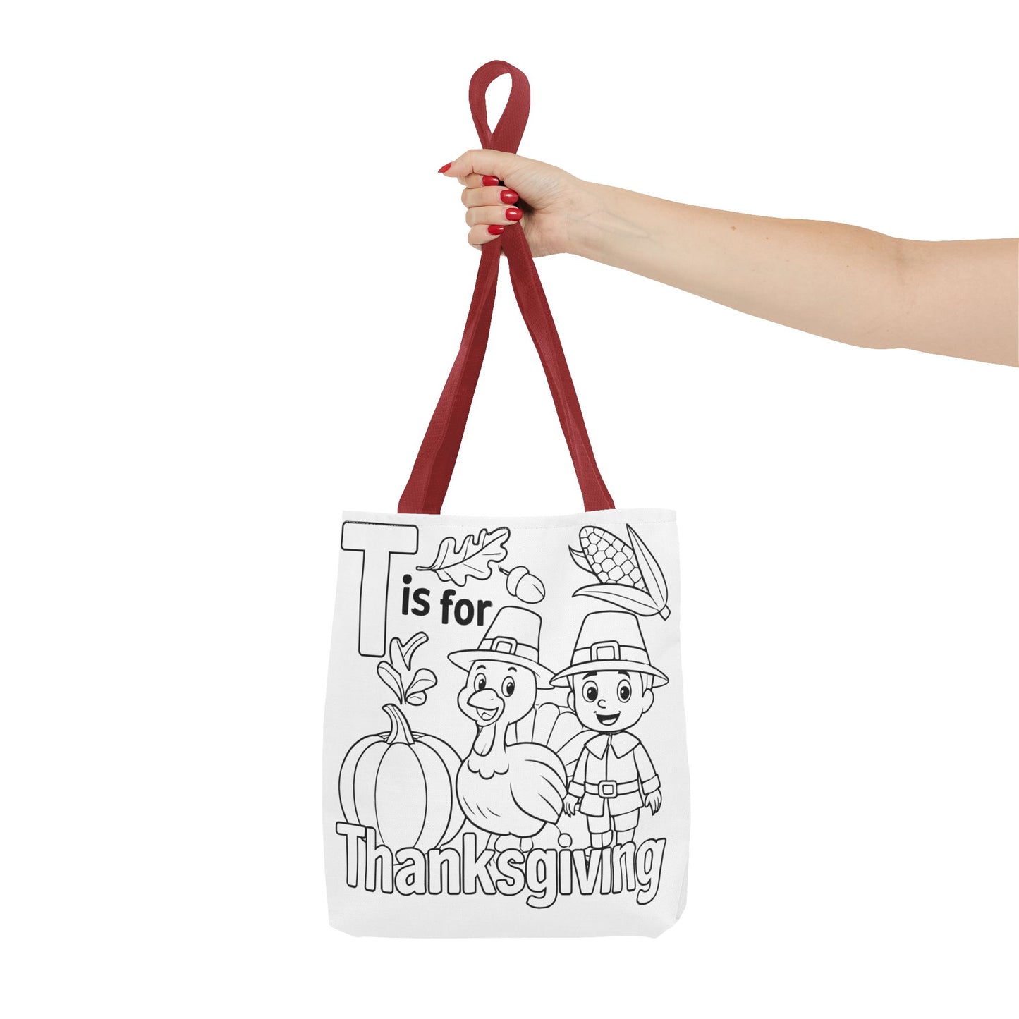 T is for Thanksgiving Coloring Page Tote Bag - Colorful Pilgrims and Turkey Design, AOP, Ideal for Holiday Gatherings, Gifts, and Crafts