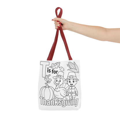 T is for Thanksgiving Coloring Page Tote Bag - Colorful Pilgrims and Turkey Design, AOP, Ideal for Holiday Gatherings, Gifts, and Crafts