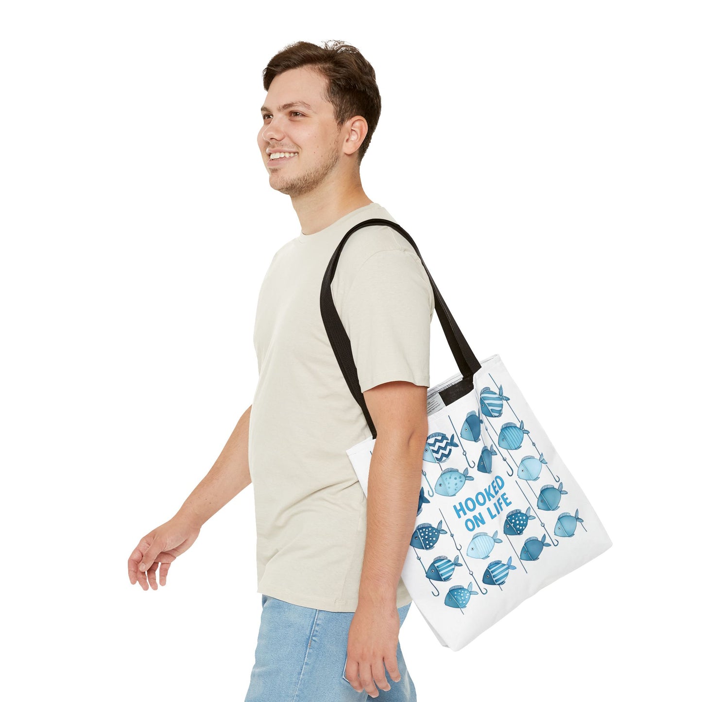 Fish-Themed Tote Bag, Hooked on Life Shopping Bag, Aqua Fishing Tote, Gift for Fisherman, Eco-Friendly Reusable Beach Bag