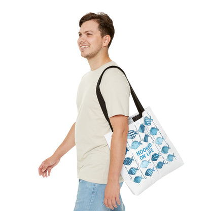 Fish-Themed Tote Bag, Hooked on Life Shopping Bag, Aqua Fishing Tote, Gift for Fisherman, Eco-Friendly Reusable Beach Bag