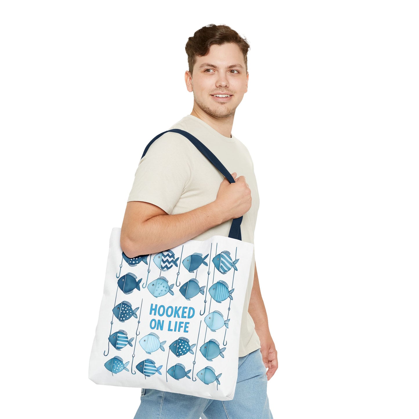 Fish-Themed Tote Bag, Hooked on Life Shopping Bag, Aqua Fishing Tote, Gift for Fisherman, Eco-Friendly Reusable Beach Bag