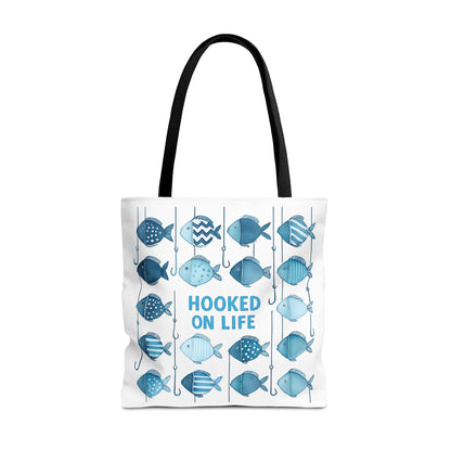 Fish-Themed Tote Bag, Hooked on Life Shopping Bag, Aqua Fishing Tote, Gift for Fisherman, Eco-Friendly Reusable Beach Bag