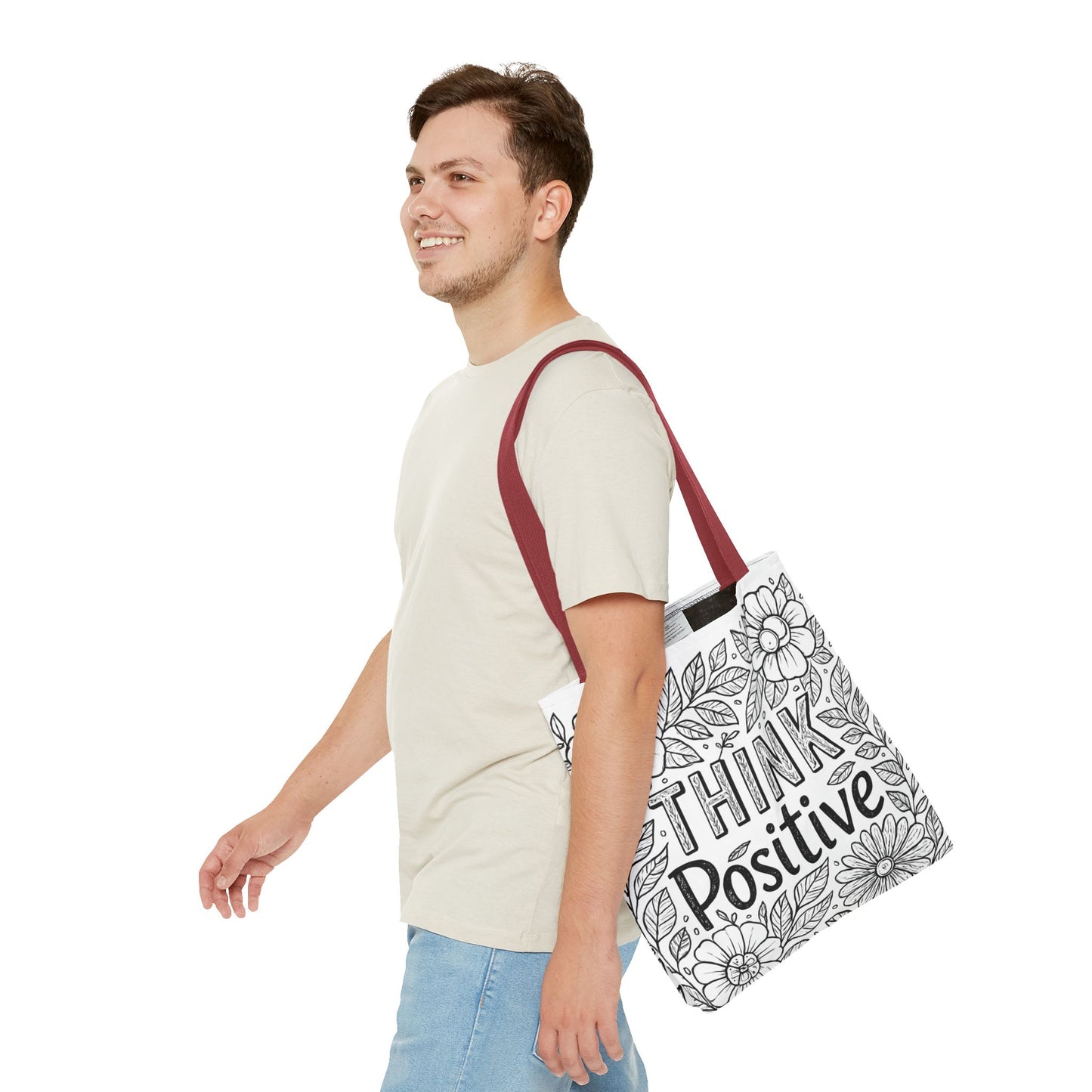 Think Positive Floral Tote Bag, Motivational Bag for Students, Gift for Friends, Inspirational Accessory