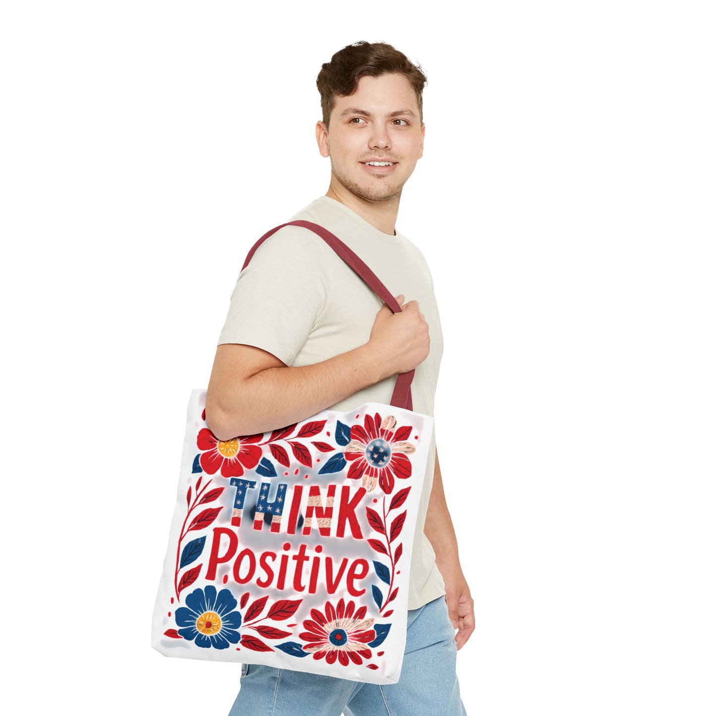 Red White and Blue Think Positive Tote Bag - Patriotic Embroidery Style Carryall, Great for Gifts, Shopping, Beach Days, Day Trips