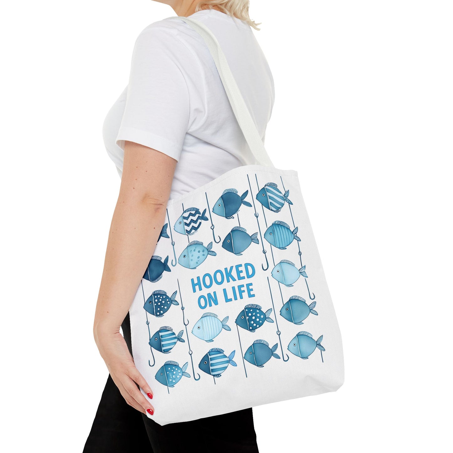 Fish-Themed Tote Bag, Hooked on Life Shopping Bag, Aqua Fishing Tote, Gift for Fisherman, Eco-Friendly Reusable Beach Bag