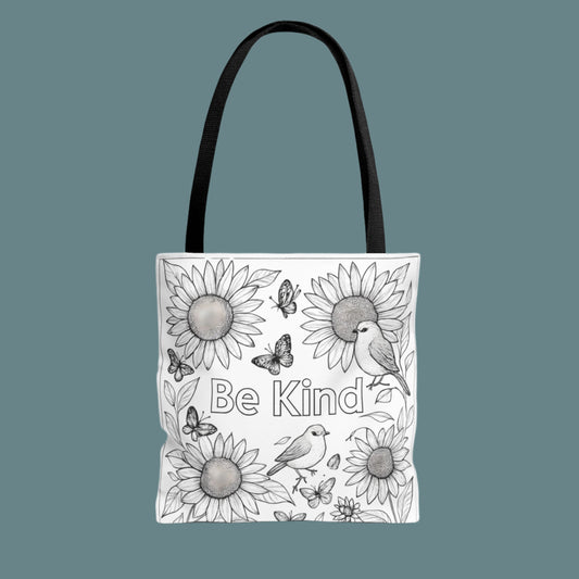 Coloring Page Tote bag with sunflower and bird design and 'Be Kind' text 