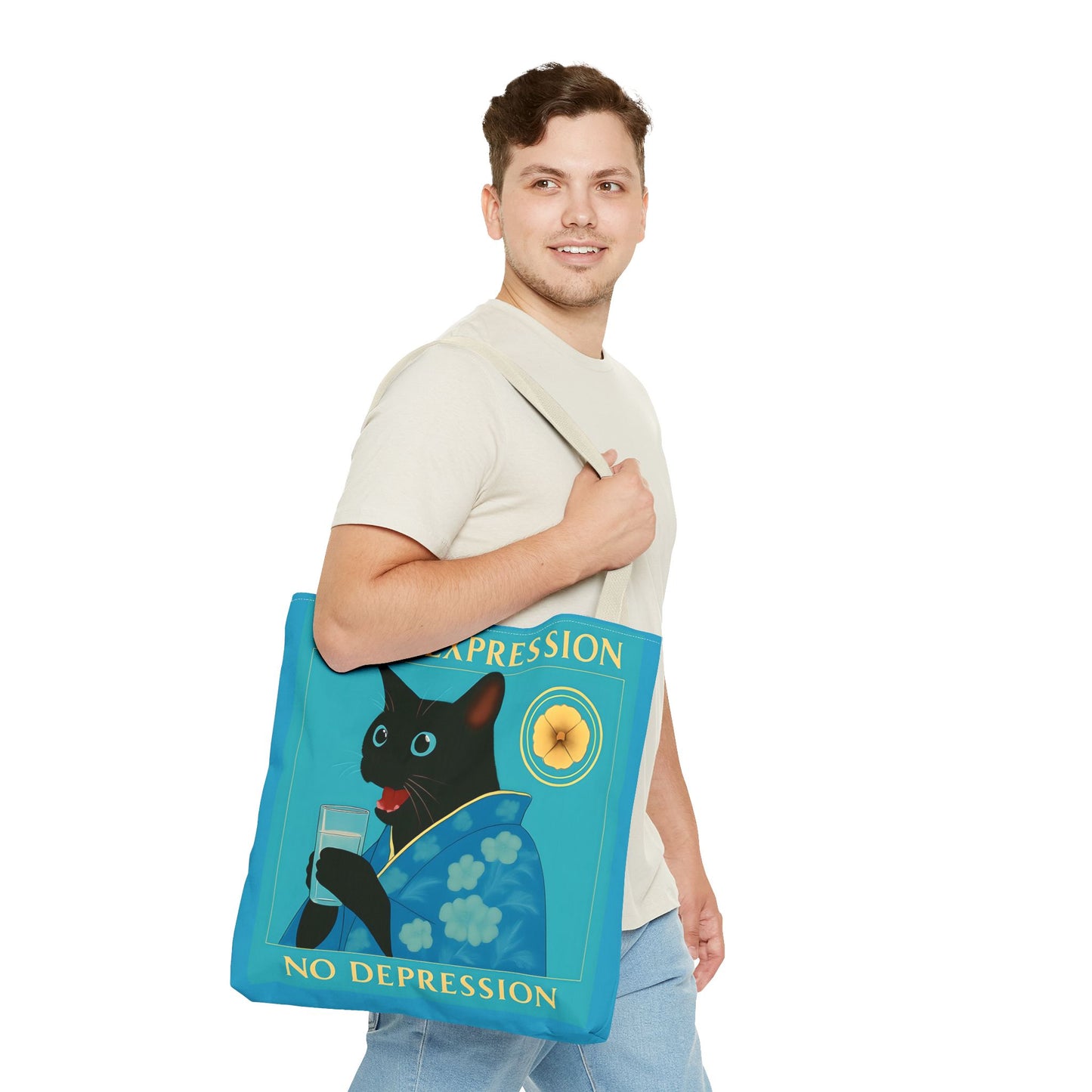 Motivational Chinoiserie Black Cat Tote Bag - More Expression No Depression