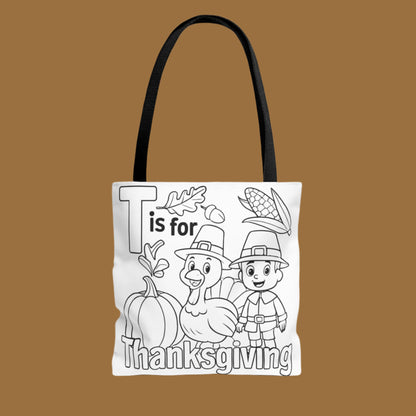 Coloring page tote bag with Thanksgiving design featuring pilgrims and a turkey.