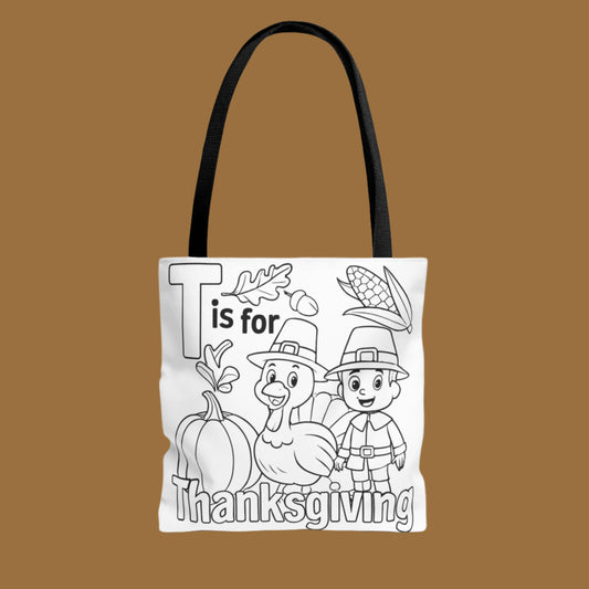 Coloring page tote bag with Thanksgiving design featuring pilgrims and a turkey.