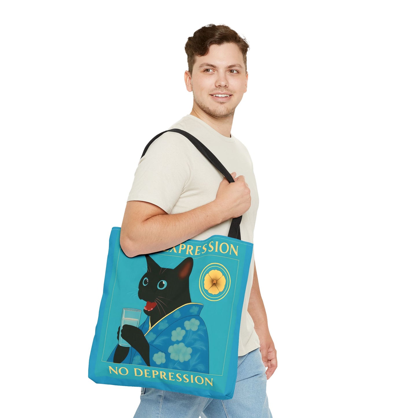 Motivational Chinoiserie Black Cat Tote Bag - More Expression No Depression