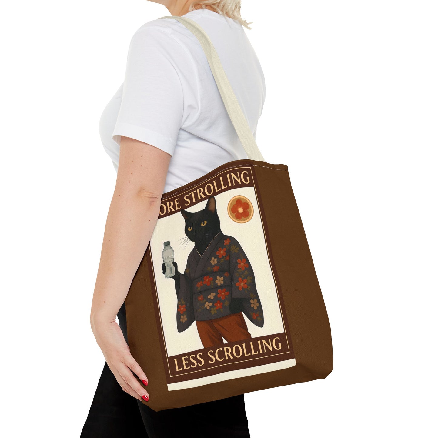 More Strolling Less Scrolling Cat Tote Bag – Cute Black Cat Design for Cat Lovers