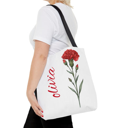 Personalized January Carnation Birth Month Flower Tote Bag, Custom Name Tote, Eco-Friendly Grocery Shopping Bag, Gift for Her