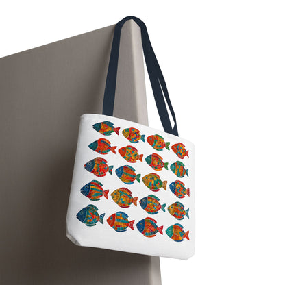 colorful geometric fish tote bag