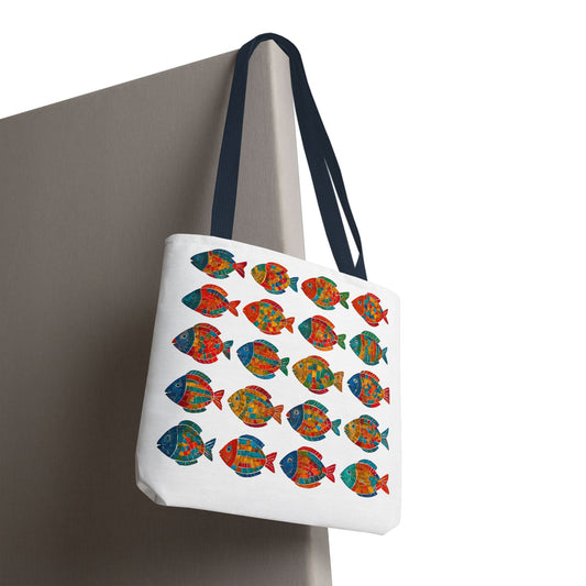 colorful geometric fish tote bag