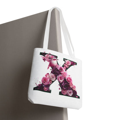 Floral Alphabet 'X' Tote Bag with Pink and Purple Flower and Bird Design