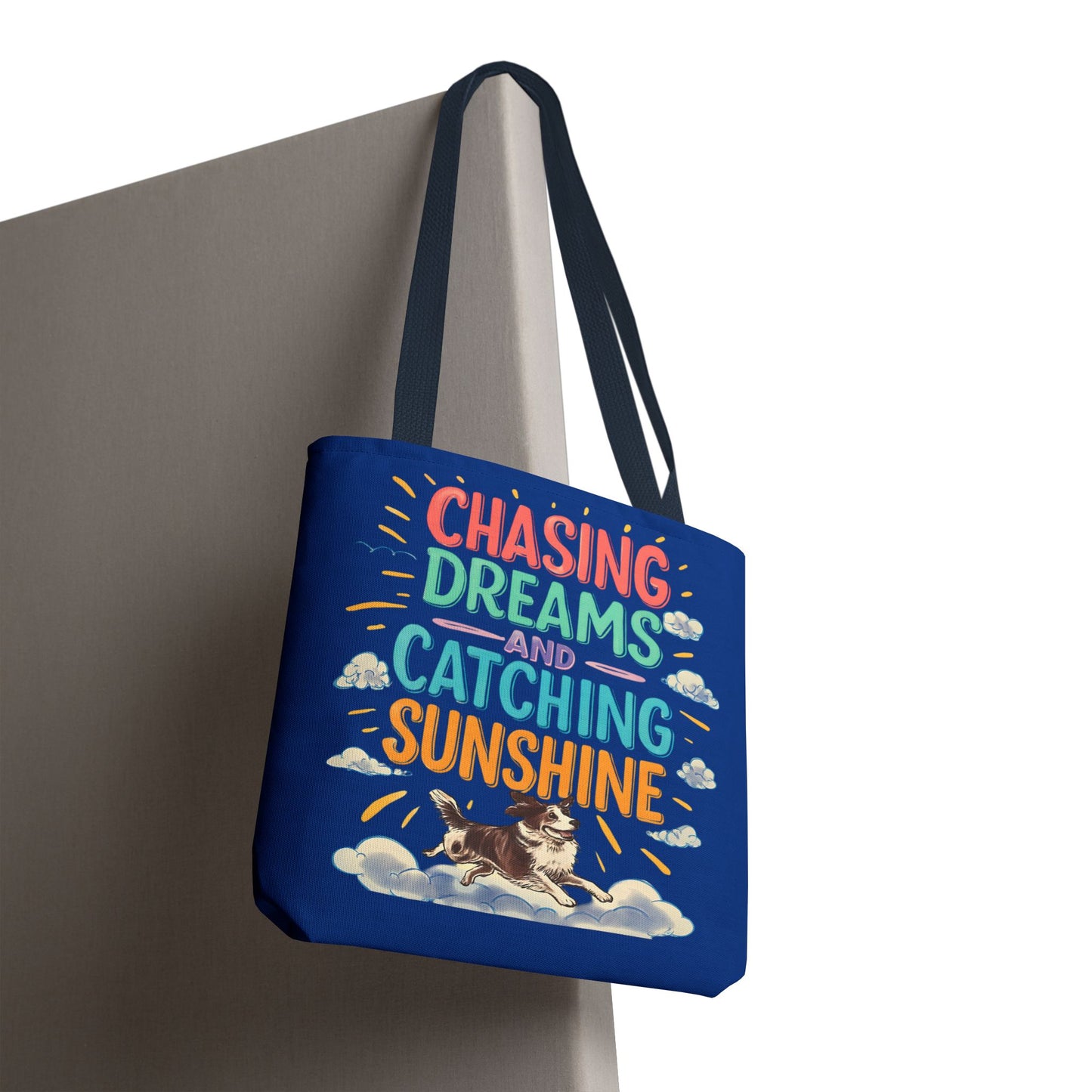 Chasing Dreams Tote Bag, Inspirational Tote, Dog Lover Gift, Eco-Friendly Shopper, Motivational Bag, Bright Blue Design