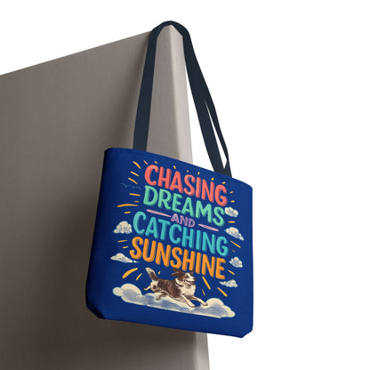Chasing Dreams Tote Bag, Inspirational Tote, Dog Lover Gift, Eco-Friendly Shopper, Motivational Bag, Bright Blue Design
