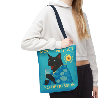 Motivational Chinoiserie Black Cat Tote Bag - More Expression No Depression