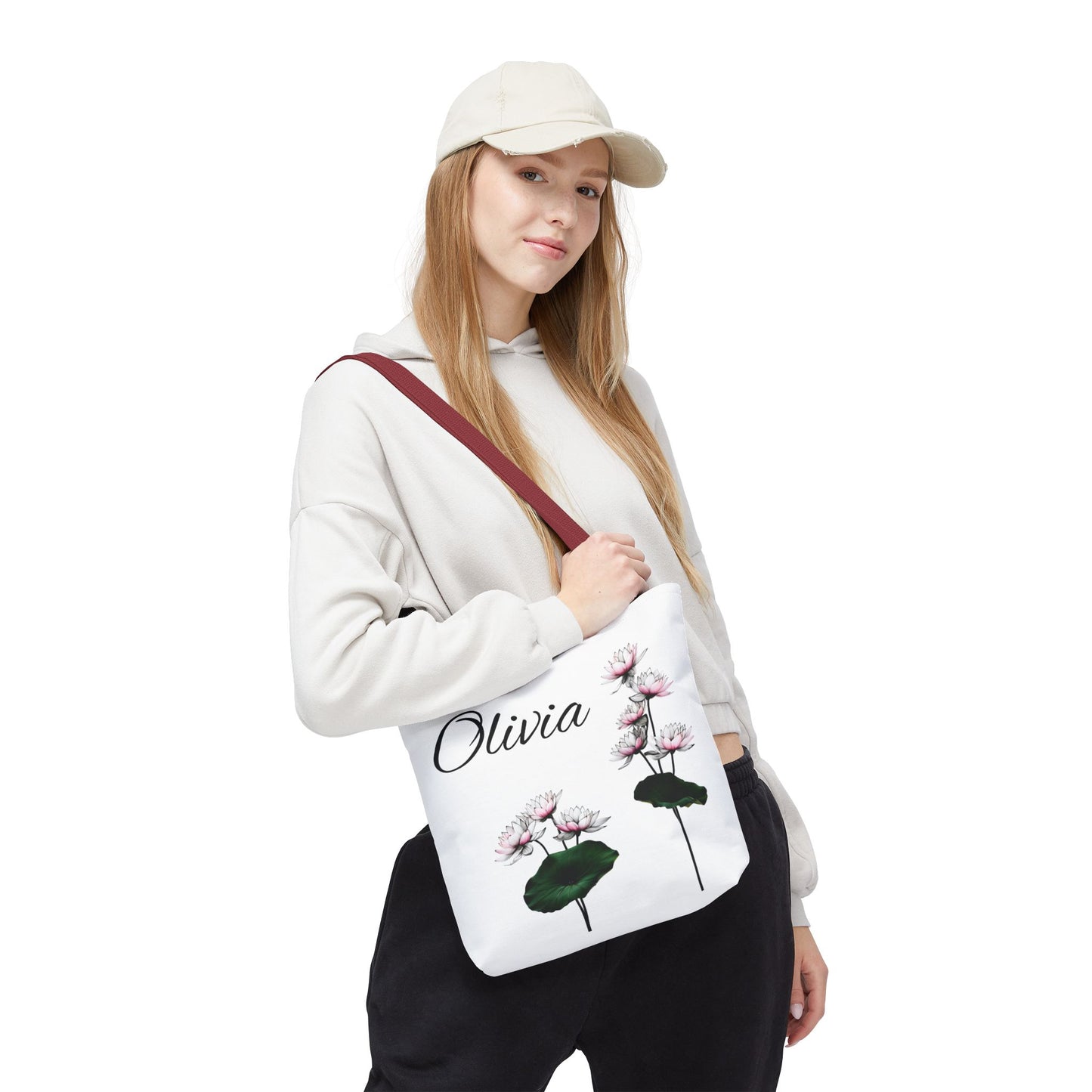Personalized Water Lily Tote Bag, Eco-Friendly Reusable Shopping Bag, Custom Name Bag for July Birth Month Flower