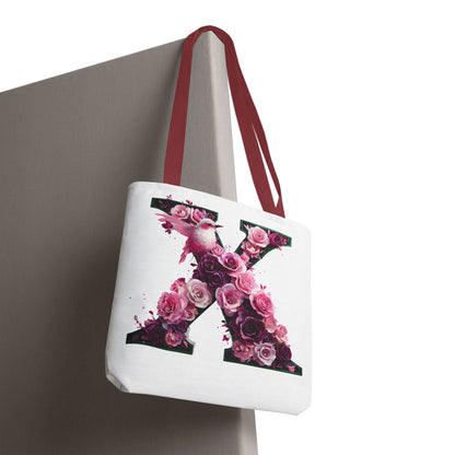 Floral Alphabet 'X' Tote Bag with Pink and Purple Flower and Bird Design