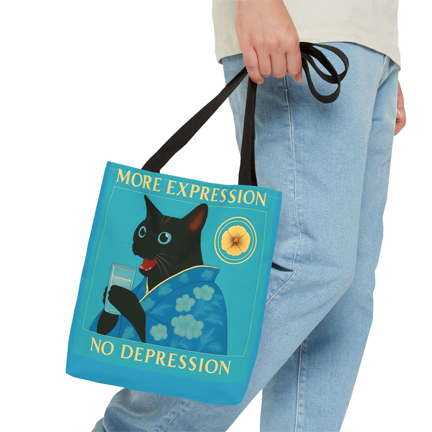 Motivational Chinoiserie Black Cat Tote Bag - More Expression No Depression