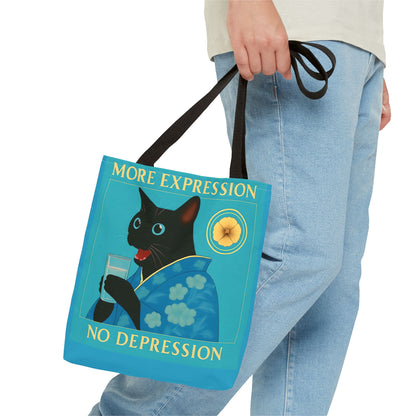 Motivational Chinoiserie Black Cat Tote Bag - More Expression No Depression
