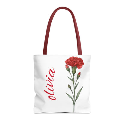 Personalized January Carnation Birth Month Flower Tote Bag, Custom Name Tote, Eco-Friendly Grocery Shopping Bag, Gift for Her