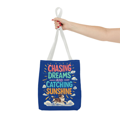 Chasing Dreams Tote Bag, Inspirational Tote, Dog Lover Gift, Eco-Friendly Shopper, Motivational Bag, Bright Blue Design