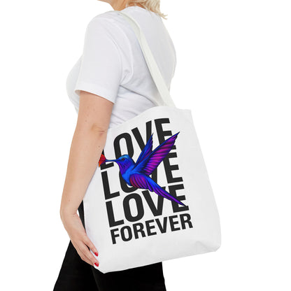 Colorful Hummingbird Tote Bag, Love Love Love Forever Shopping Bag, Vacation Carryall, Artsy Gift