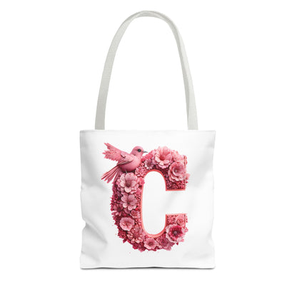 Floral Alphabet C' Tote Bag - Pink Bird Floral Design for Shopping, Work and Beach