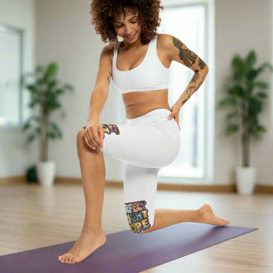 Woman wearing white leggings with Perfect Bright Hope colorful patches 
