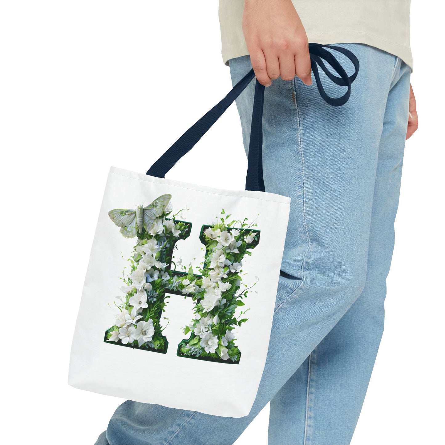 Floral Alphabet 'H'  Tote Bag - Green and White Gift for Nature Lovers