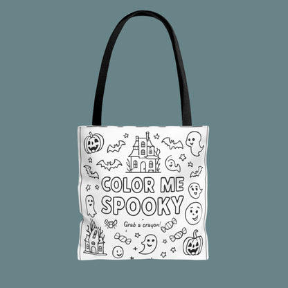 Color page tote bag with Halloween-themed design and text on a white background