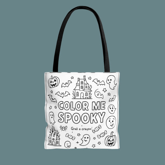 Color page tote bag with Halloween-themed design and text on a white background