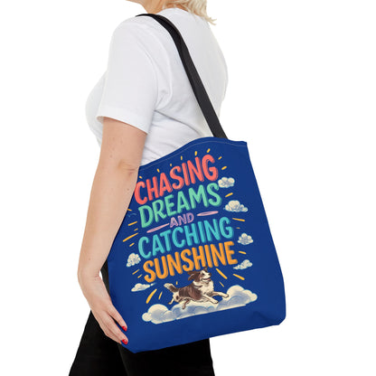 Chasing Dreams Tote Bag, Inspirational Tote, Dog Lover Gift, Eco-Friendly Shopper, Motivational Bag, Bright Blue Design