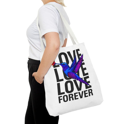 Colorful Hummingbird Tote Bag, Love Love Love Forever Shopping Bag, Vacation Carryall, Artsy Gift